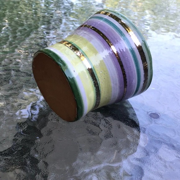 Pottery Vase in Lavender Green Yellow & Metallic Gold Stripes/Pen-Pencil Holder - Picture 10 of 12